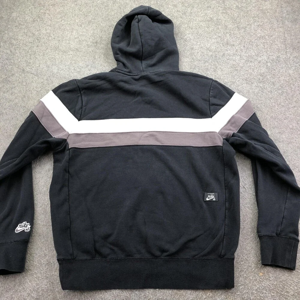 Nike SB Hoodie Mens Medium Black Pullover Fleece Sweatshirt Striped Logo Skate